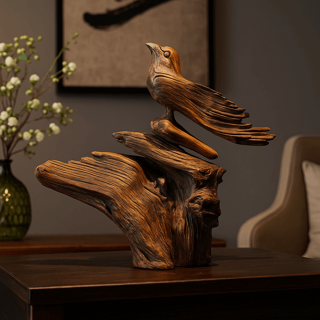 Hand-Carved Erosion Wood Bird Sculpture