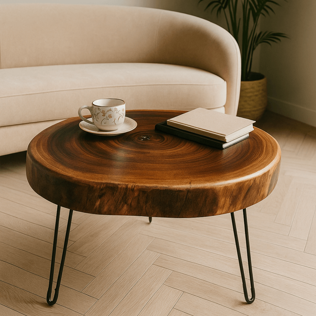 Handcrafted Live Edge Camphor Wood Coffee Table with Foldable Hairpin Legs