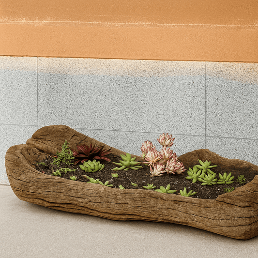Rustic Natural Wood Trough Planter – Large Driftwood Log Succulent Holder
