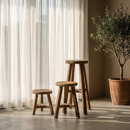 Handcrafted Solid Elm Wood Stool – Natural Weathered Wooden Stool