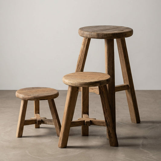 Handcrafted Solid Elm Wood Stool – Natural Weathered Wooden Stool