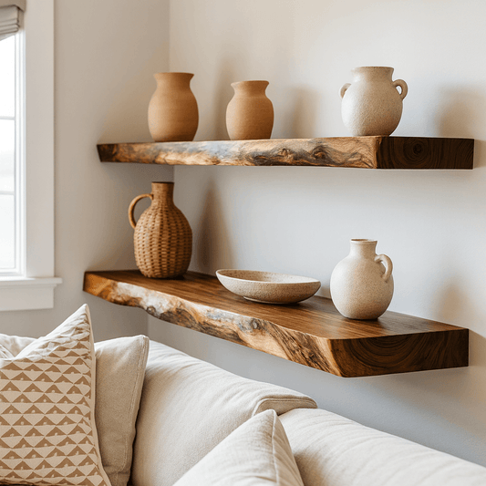 Live Edge Solid Wood Floating Shelf – Handcrafted Rustic Natural Edge Wall