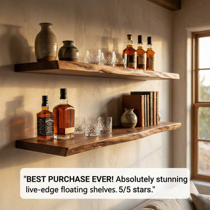 Live Edge Solid Wood Floating Shelf – Handcrafted Rustic Natural Edge Wall
