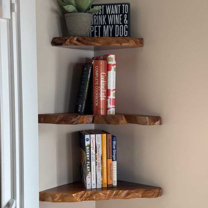 Handcrafted Live Edge Corner Floating Shelves – Natural Solid Wood Rustic Wall Storage