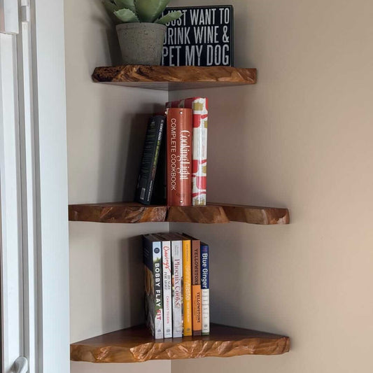 Handcrafted Live Edge Corner Floating Shelves – Natural Solid Wood Rustic Wall Storage