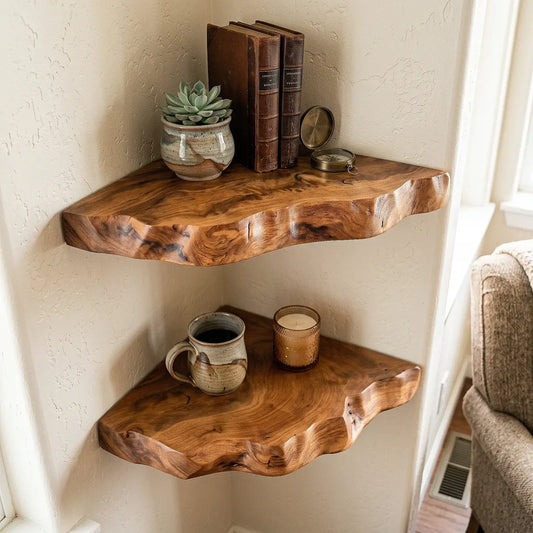 Handcrafted Live Edge Corner Floating Shelves – Natural Solid Wood Rustic Wall Storage