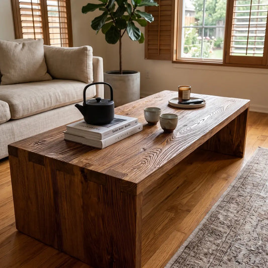 Handcrafted Solid Wood Table — Rustic Farmhouse Center Table with Extra-Long Plank Top for Living Room