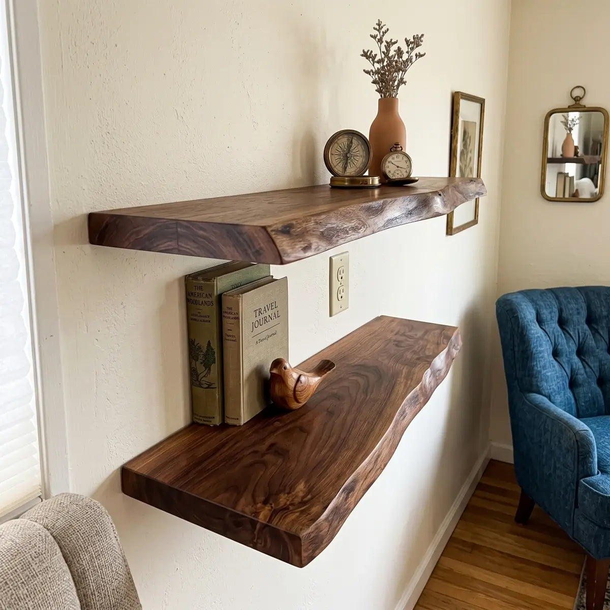 Live Edge Solid Wood Floating Shelf – Handcrafted Rustic Natural Edge Wall