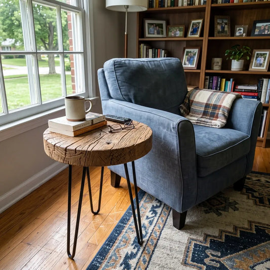 Rustic Round Old Elm Wood End Table