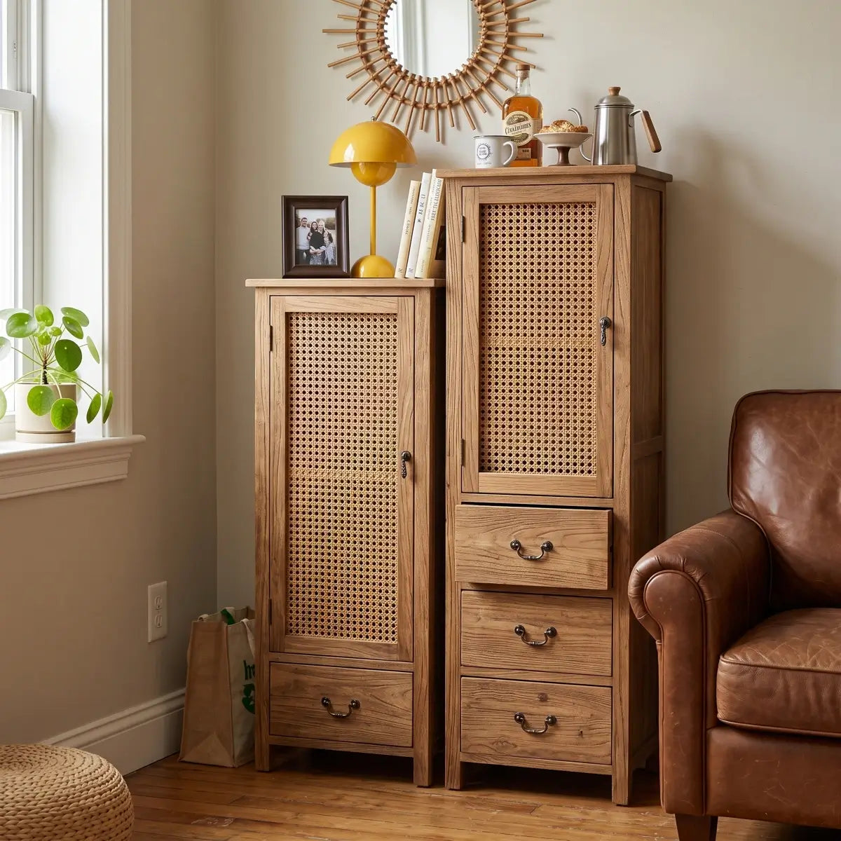 Handmade Solid Wood Rattan-Door Narrow Storage Cabinet with Drawers — Slim Farmhouse Accent Cabinet for Living Room & Small Spaces