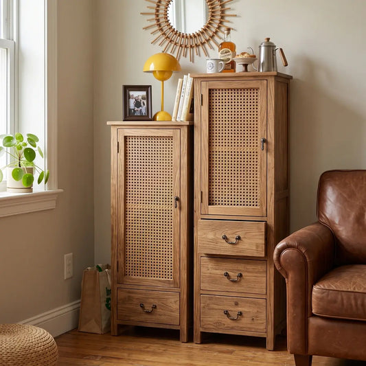 Handmade Solid Wood Rattan-Door Narrow Storage Cabinet with Drawers — Slim Farmhouse Accent Cabinet for Living Room & Small Spaces