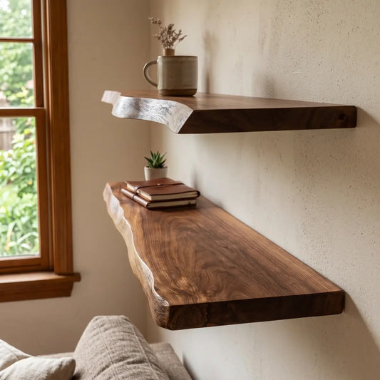 Live Edge Solid Wood Floating Shelf – Handcrafted Rustic Natural Edge Wall