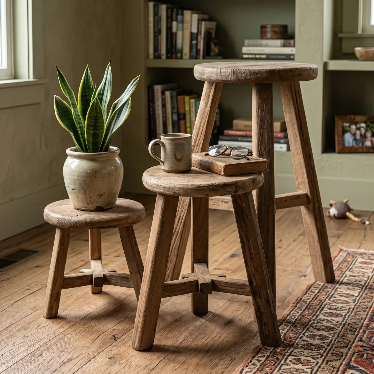 Handcrafted Solid Elm Wood Stool – Natural Weathered Wooden Stool