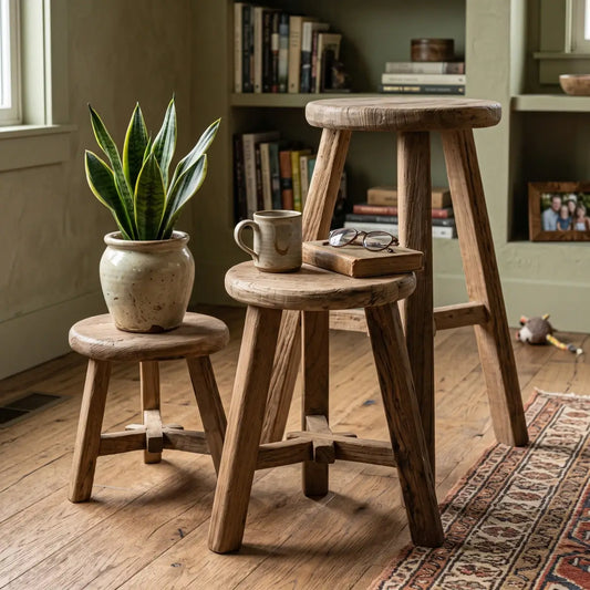 Handcrafted Solid Elm Wood Stool – Natural Weathered Wooden Stool
