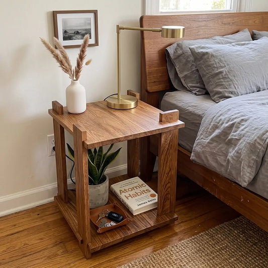 Solid Wood Nightstand with 2-Tier Open Shelves — Rustic Bedside/End Table for Small Spaces