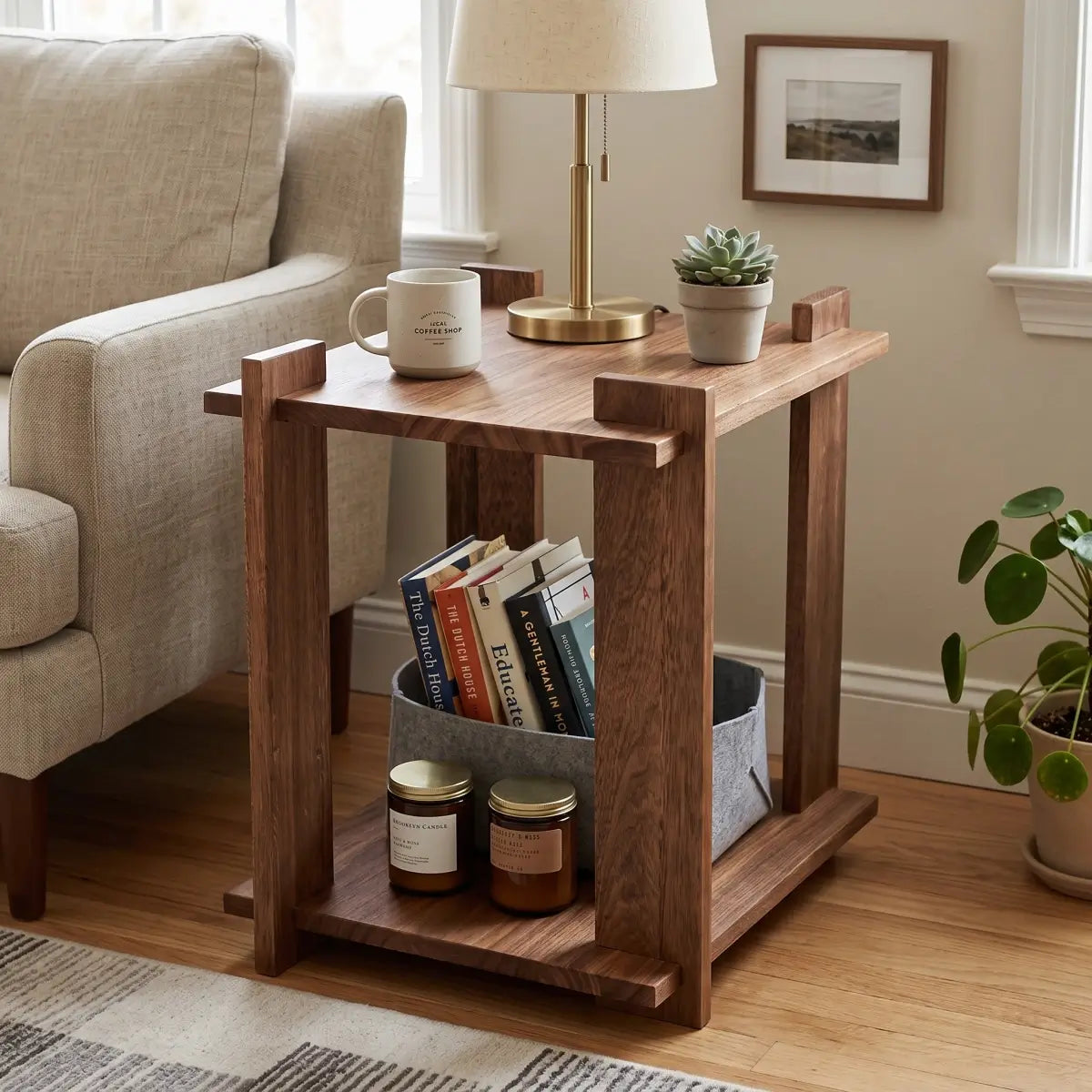 Solid Wood Nightstand with 2-Tier Open Shelves — Rustic Bedside/End Table for Small Spaces