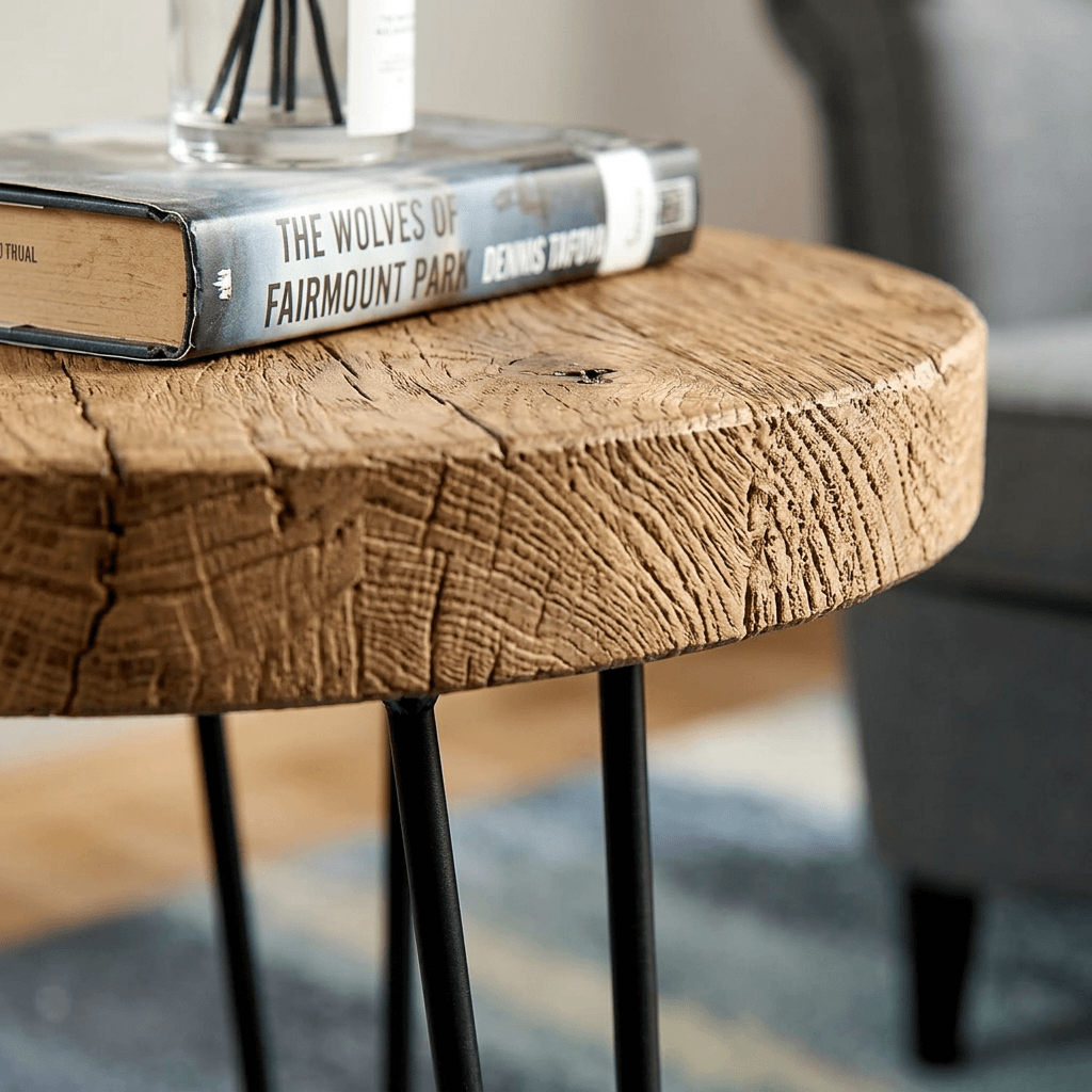 Rustic Round Old Elm Wood End Table