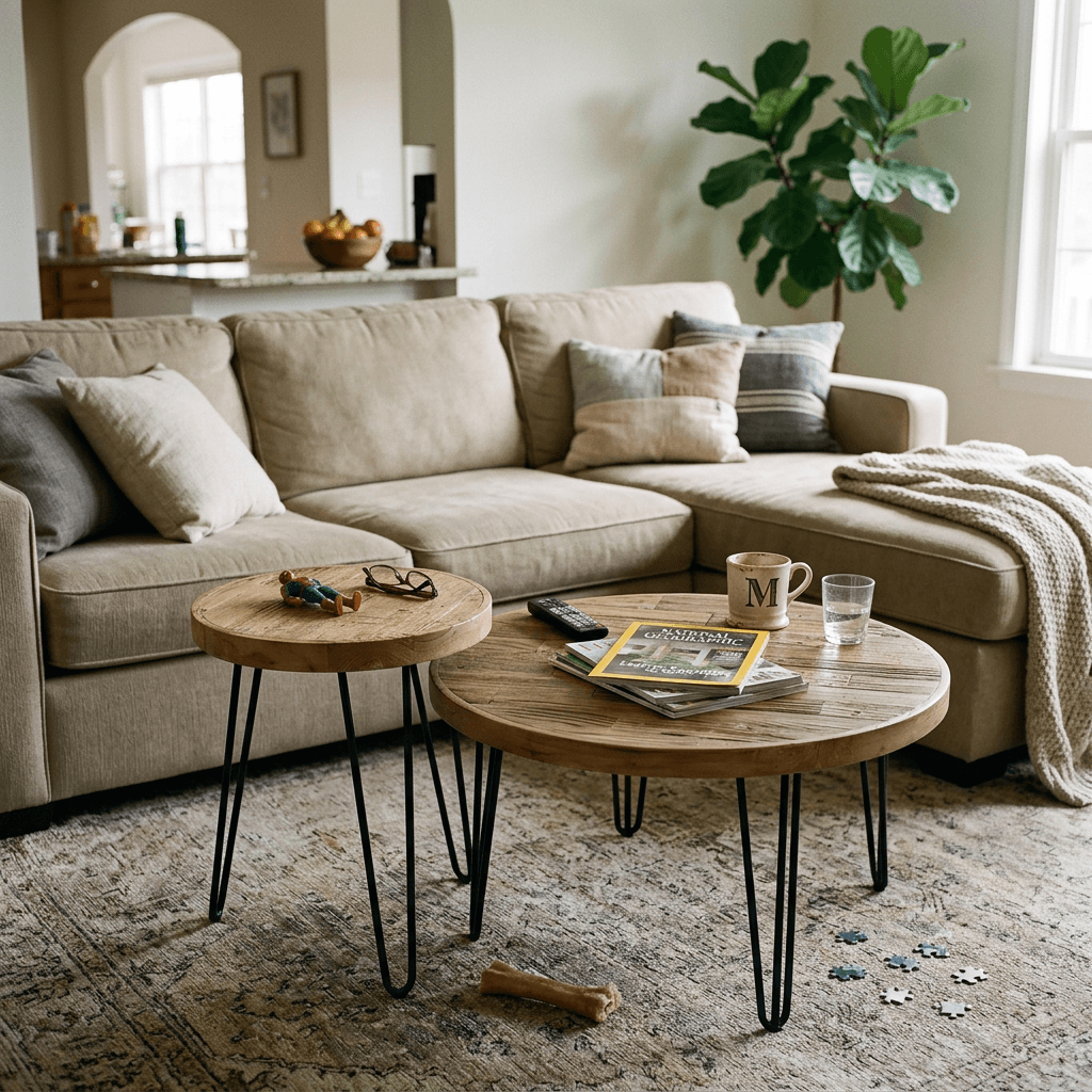Solid Elm Wood Round Coffee Table & Side Table Set - Reclaimed Elm Wood