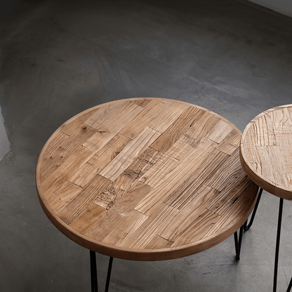 Solid Elm Wood Round Coffee Table & Side Table Set - Reclaimed Elm Wood