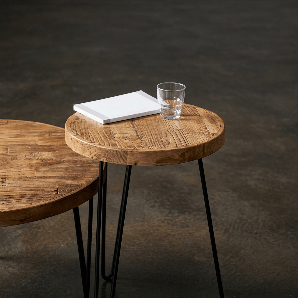 Solid Elm Wood Round Coffee Table & Side Table Set - Reclaimed Elm Wood