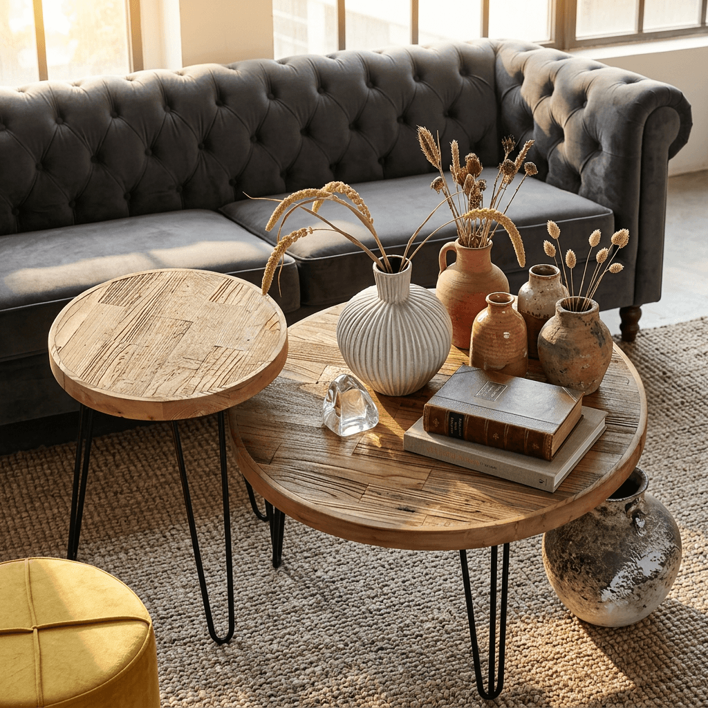 Solid Elm Wood Round Coffee Table & Side Table Set - Reclaimed Elm Wood