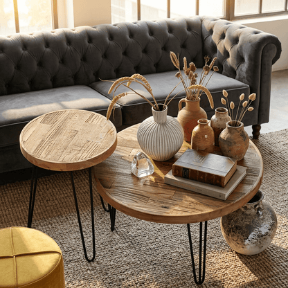 Solid Elm Wood Round Coffee Table & Side Table Set - Reclaimed Elm Wood