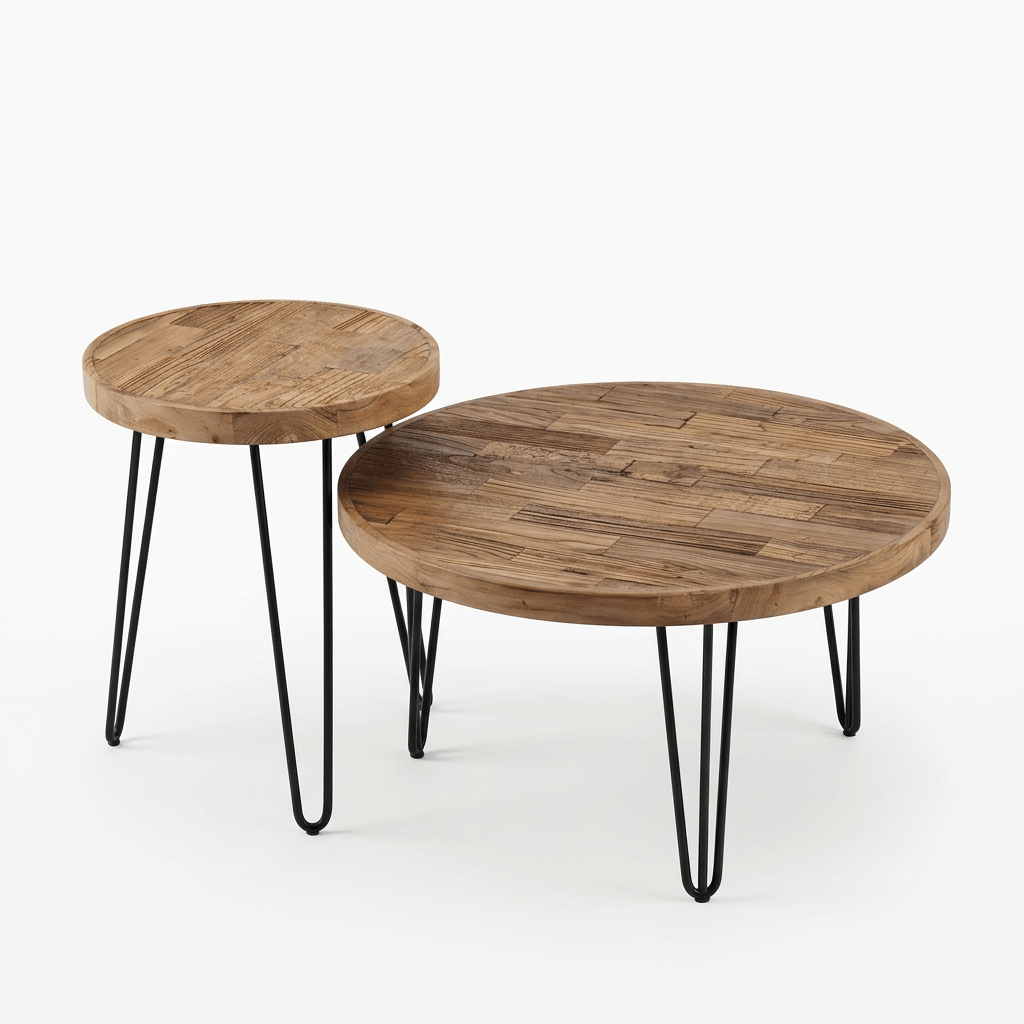 Solid Elm Wood Round Coffee Table & Side Table Set - Reclaimed Elm Wood