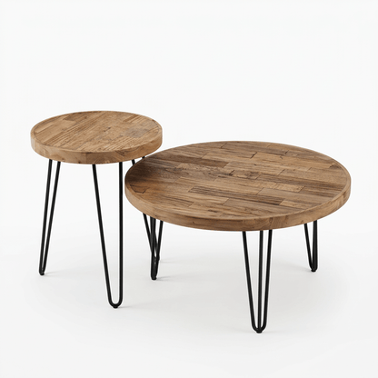 Solid Elm Wood Round Coffee Table & Side Table Set - Reclaimed Elm Wood