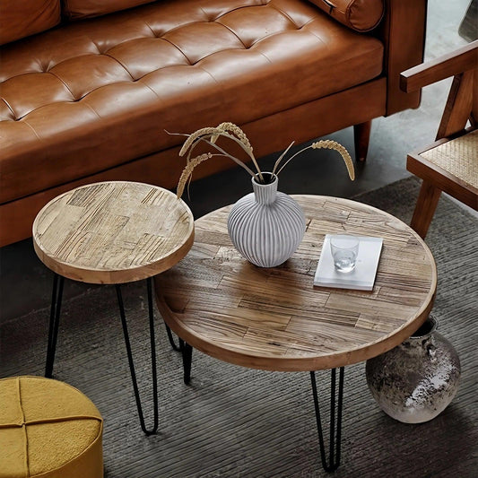 Solid Elm Wood Round Coffee Table & Side Table Set - Reclaimed Elm Wood